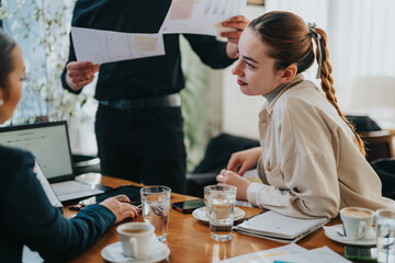 A group of young coworkers gathers around a wooden table, reviewing charts and papers while a colleague presents. Laptops, notebooks, and coffee cups create a dynamic, productive office atmosphere.