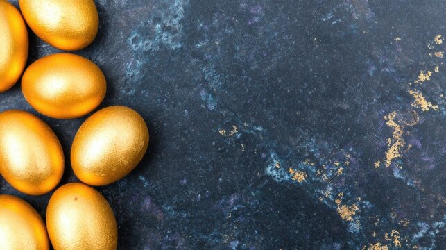 Golden eggs arranged on a dark stone surface for a festive decoration