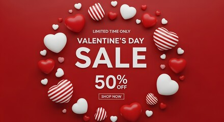 Valentine s day sale banner with heart shaped balloons on red background