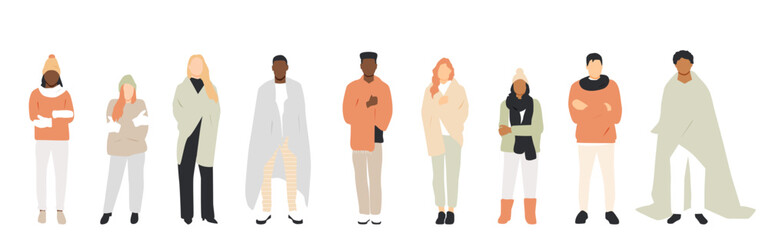 Set of different people feeling cold. Men and women wearing scarfs and blankets.