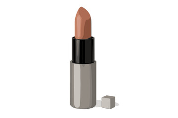 Open tube of nude beige lipstick with metallic silver packaging isolated on white background
