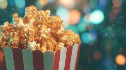 Enjoying popcorn during a movie night at home with colorful lights
