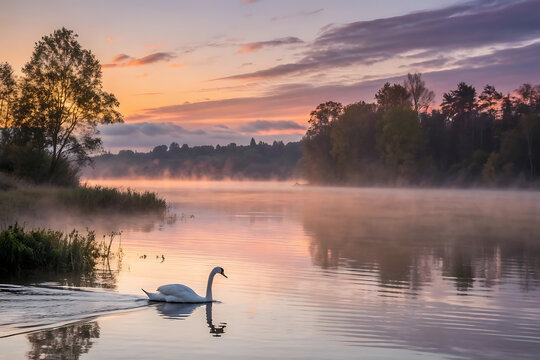 Morning sunrise and evening sunset over the tranquil lake or river, featuring a beautiful sky, reflection, nature, and misty fog - Powered by Adobe