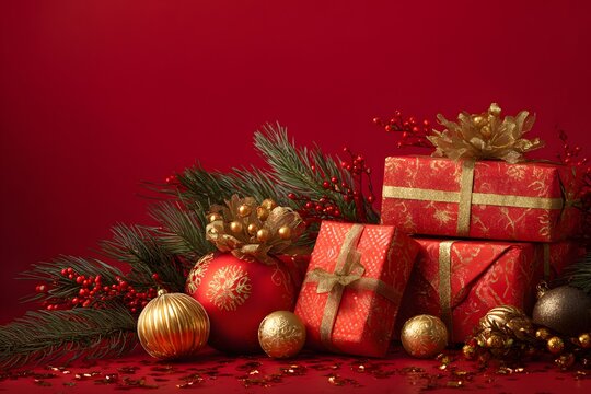 Vibrant christmas vibe with red gifts and ornaments for new year celebration