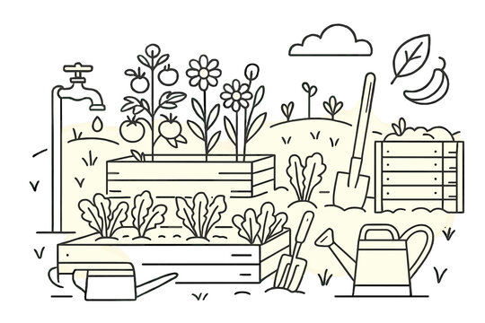 Raised garden beds with growing vegetables, flowers, and essential gardening tools