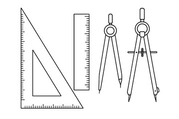 Essential geometry and drafting tools including compasses, ruler, and set square