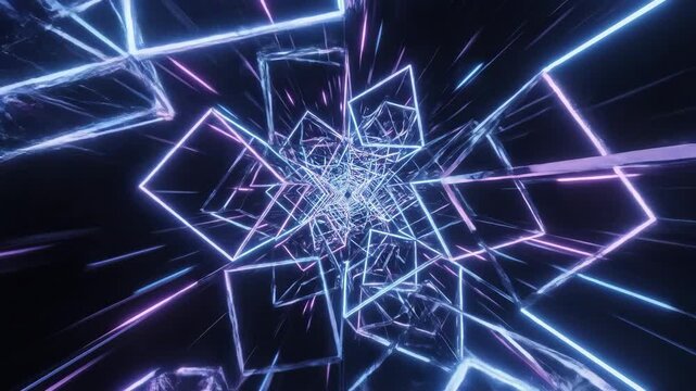 Seamless looping animation of bright blue and purple neon geometric shapes receding into an infinite abstract tunnel design element, echo chamber concept, high tech