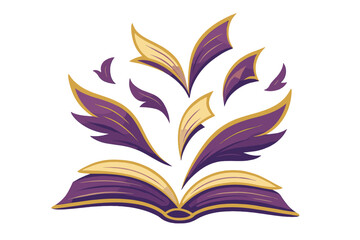 Open book with flowing purple and gold stylized leaves symbolizing knowledge