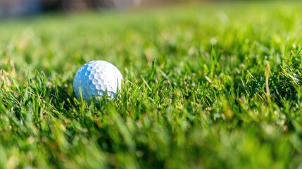 Golf ball resting on lush green grass during a sunny day on a golf course