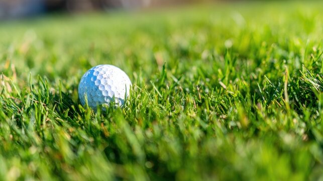 Golf ball resting on lush green grass during a sunny day on a golf course - Powered by Adobe