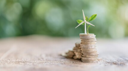Growth of renewable energy symbolized by plant and coins on wooden surface