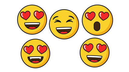 Collection of five different yellow smiley face emojis with various expressions, featuring hearts for eyes