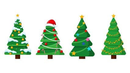 A festive collection of four illustrated Christmas trees, each with unique holiday decorations like snow, lights, and ornaments, isolated on white