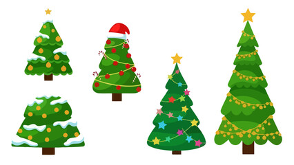 Collection of Festive Decorated Christmas Trees with Snow, Ornaments, and Lights, Ready for Holiday Celebrations