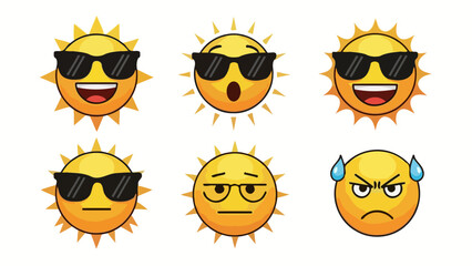Set of six cartoon sun characters with sunglasses showing various emotions like happiness, surprise, and anger