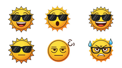 Set of vector sun emoticons showing a range of feelings. Funny summer character icons with different moods from happy to angry