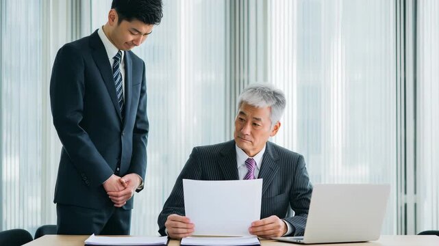 男性が会議室で上司に書類を渡し深く謝罪する場面