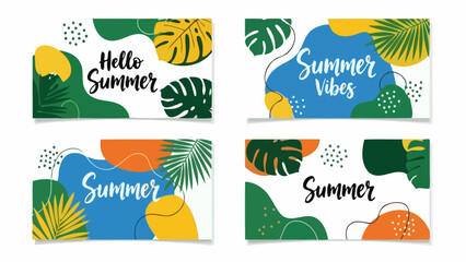 Collection of modern abstract summer banners with tropical leaves and vibrant organic shapes, perfect for holiday greetings and seasonal promotions