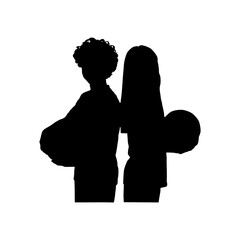 Silhouette of two female basketball players standing back to back