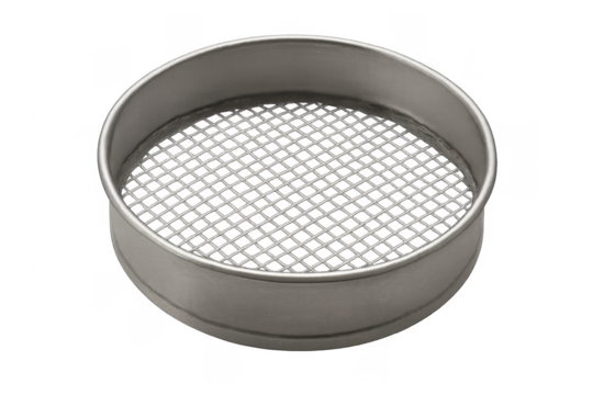 Stainless steel sieve separating particles on transparent background