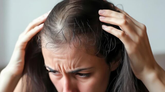 woman very sad and upset looking at damaged hair, hair loss, hair thinning problem, vitamin deficiency, baldness, postpartum, biotin, zinc, menstrual or endocrine disorders, hormonal imbalance