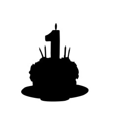 Silhouette of first birthday cake with number one candle and sprinkles
