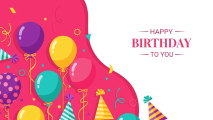 Colorful Happy Birthday Card with Balloons and Confetti on a Pink Background