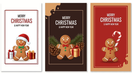 A collection of three festive Christmas and Happy New Year greeting cards featuring adorable gingerbread men