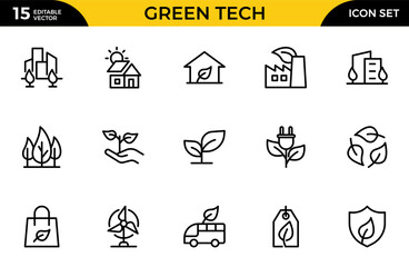 Green Tech line icon set. Solar, wind, clean power, green tech, net-zero, and eco solutions. Thin outline icons pack. Vector illustration