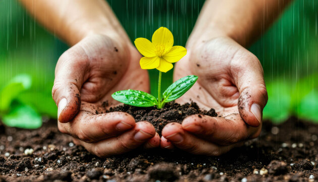 Close-up of hands holding a small green plant with a yellow flower in a cup, growing from the ground in the rain