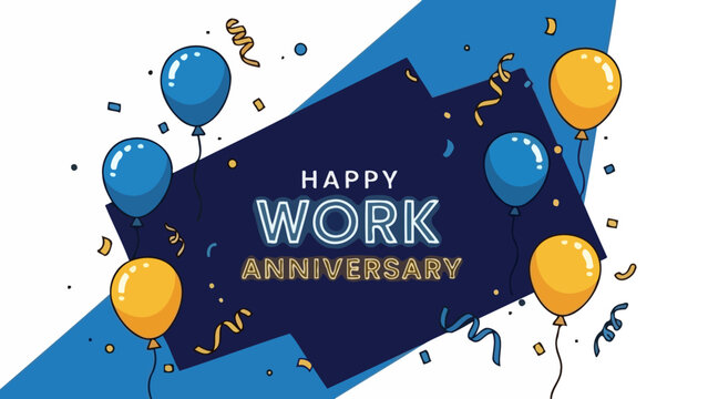 Joyful Work Anniversary Celebration Illustration with Balloons and Confetti, Marking Professional Milestones and Corporate Achievements