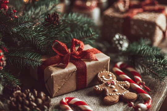 Warm holiday Christmas Celebration with wrapped gifts and gingerbread man