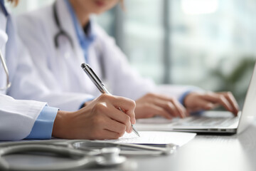 Medical team collaboration: close-up of doctors in white coats, one writing patient notes while another types on a laptop in clinic