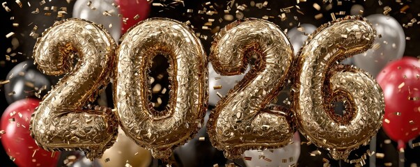 Golden 2026 numerals wrapped in glittering wire on a festive backdrop with balloons and confetti