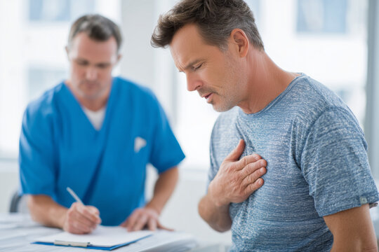 Middle-aged man clutching his chest during a medical consultation with a doctor in a bright clinic — urgent chest pain, concern, cardiology exam - Powered by Adobe