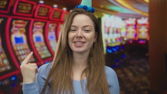 Woman wearing party hat claps hands before slot machine in lively casino room with colorful gaming lights; celebration.