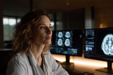 Female doctor studying brain scans on illuminated monitors in a dim radiology suite - thoughtful neurologist analyzing MRI images for diagnosis