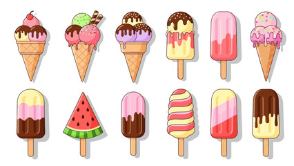 A delightful assortment of colorful and delicious ice cream cones and popsicles, featuring various flavors and toppings for a sweet summer treat collection