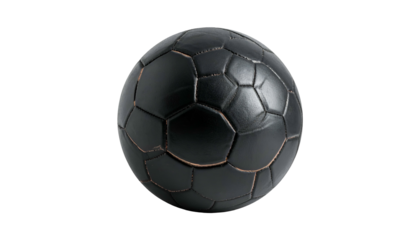 Black soccer ball isolated on black backdrop. Close-up view