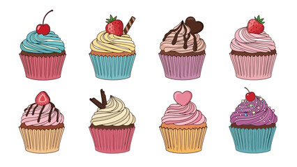 A delightful assortment of beautifully decorated cupcakes, a collection of sweet bakery treat illustrations