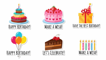 Festive Birthday Cake and Gift Stickers Celebrate with Sweet Wishes and Joyful Moments