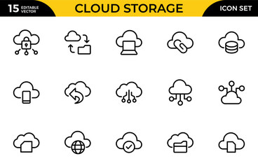 Cloud Storage line icon set. Including data storage, cloud storage data, technology services, server. Thin outline icons pack. Vector illustration