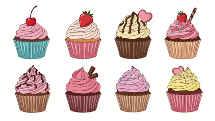 Colorful Cupcakes Collection Delicious Treats in Various Flavors with Cherry, Strawberry, and More