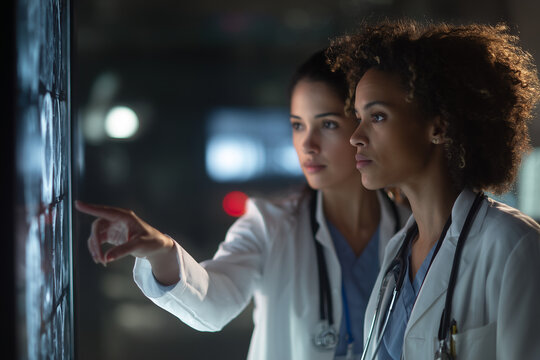 Two focused female doctors analyzing medical scans on a lightbox in a dimly lit hospital, collaborating on radiology diagnosis and patient care