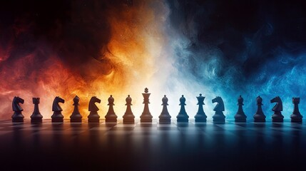 A row of chess pieces on a checkered board with a dramatic, abstract background of swirling colors.