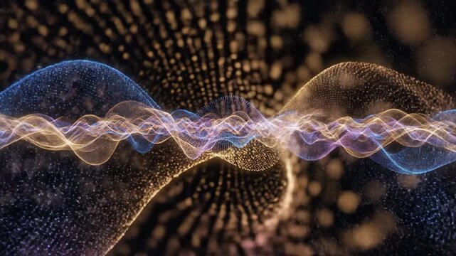 Seamless looping digital particles falling through a dark void creating fluid waves and gravitational pulls in slow motion smooth, infinite, science
