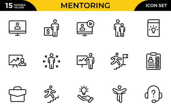 Mentoring outline icon set. Mentor, training, skill, leadership, target, time, communication, plan, education. Thin outline icons pack. Vector illustration