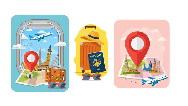 Travel Icons Airplane, Suitcase, Passport, Map, and Sightseeing Destination Illustrations