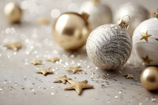 Christmas festive ornaments in gold and white with flatlay copyspace concept