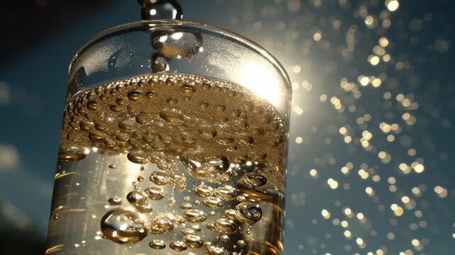 Golden bubbles rising in sparkling water glass